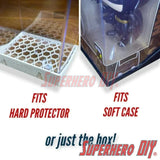 Hexagon Funko Pop display shelves for hard or soft protector cases, or box only, shown with superhero figures.
