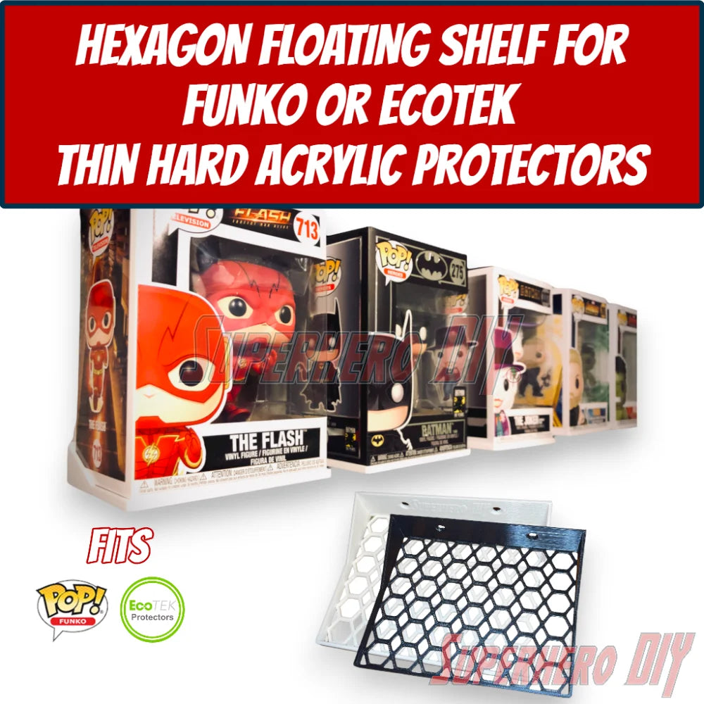 Hexagon Funko Pop display shelves with acrylic protector showcasing Pop figures.