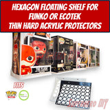 Hexagon Funko Pop display shelves with acrylic protector showcasing Pop figures.