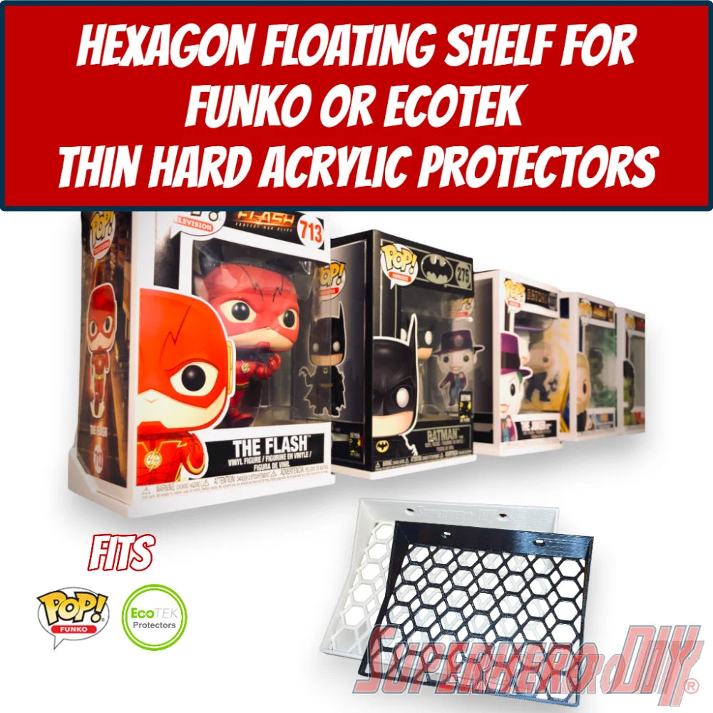 Hexagon Funko Pop Box Floating Shelves | Wall Mount fits Soft Cases or Hard Protectors or Funko Box only | Screws included! - Superhero DIY