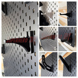 Wall-mounted hockey gear organizer showing various hook designs for efficient storage solutions.