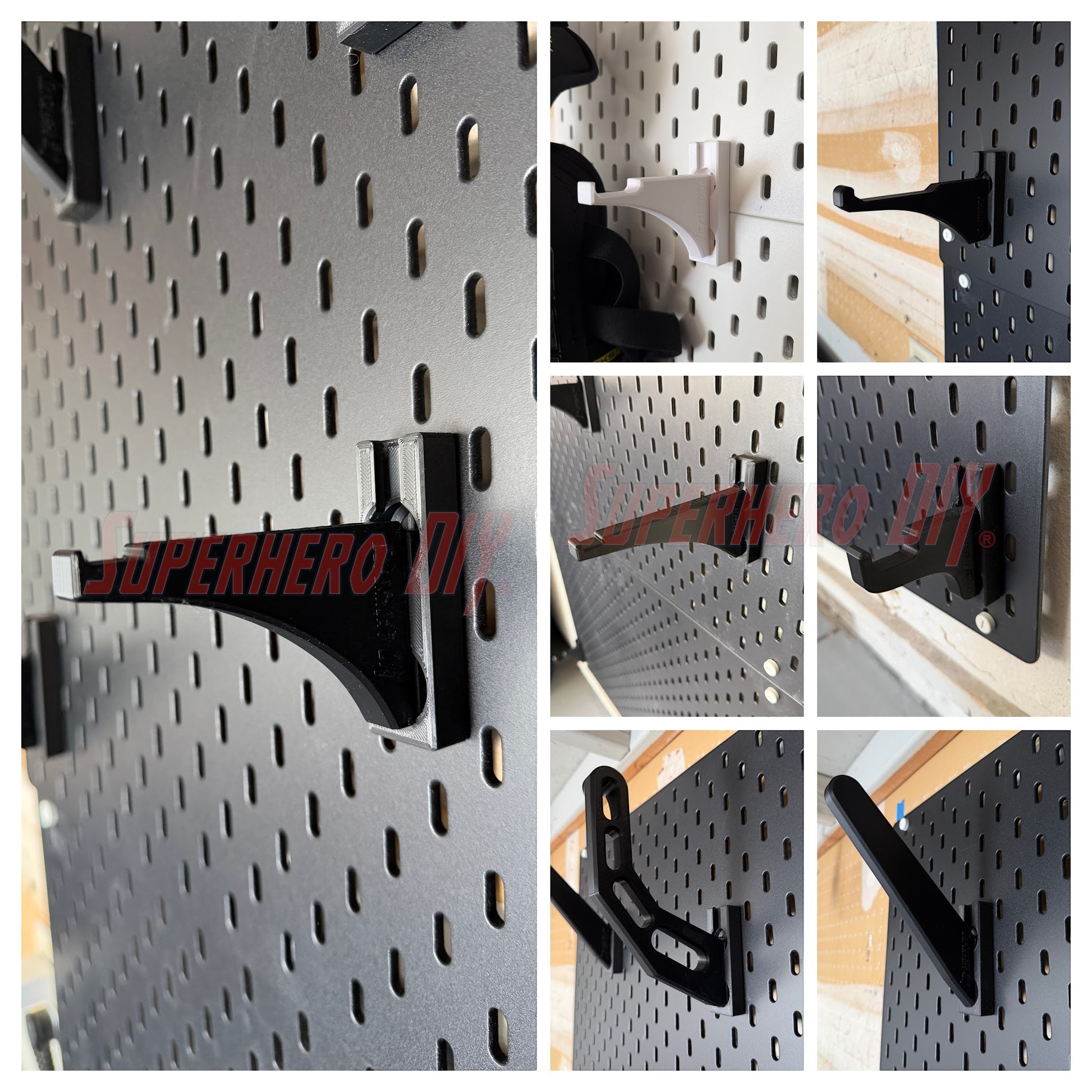 Wall-mounted hockey gear organizer showing various hook designs for efficient storage solutions.