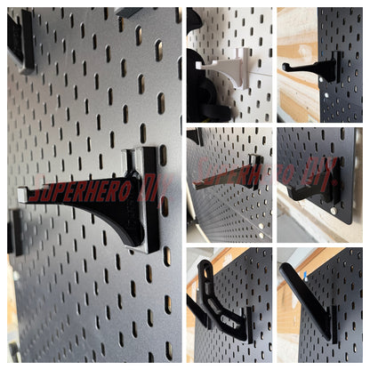 Wall-mounted hockey gear organizer showing various hook designs for efficient storage solutions.