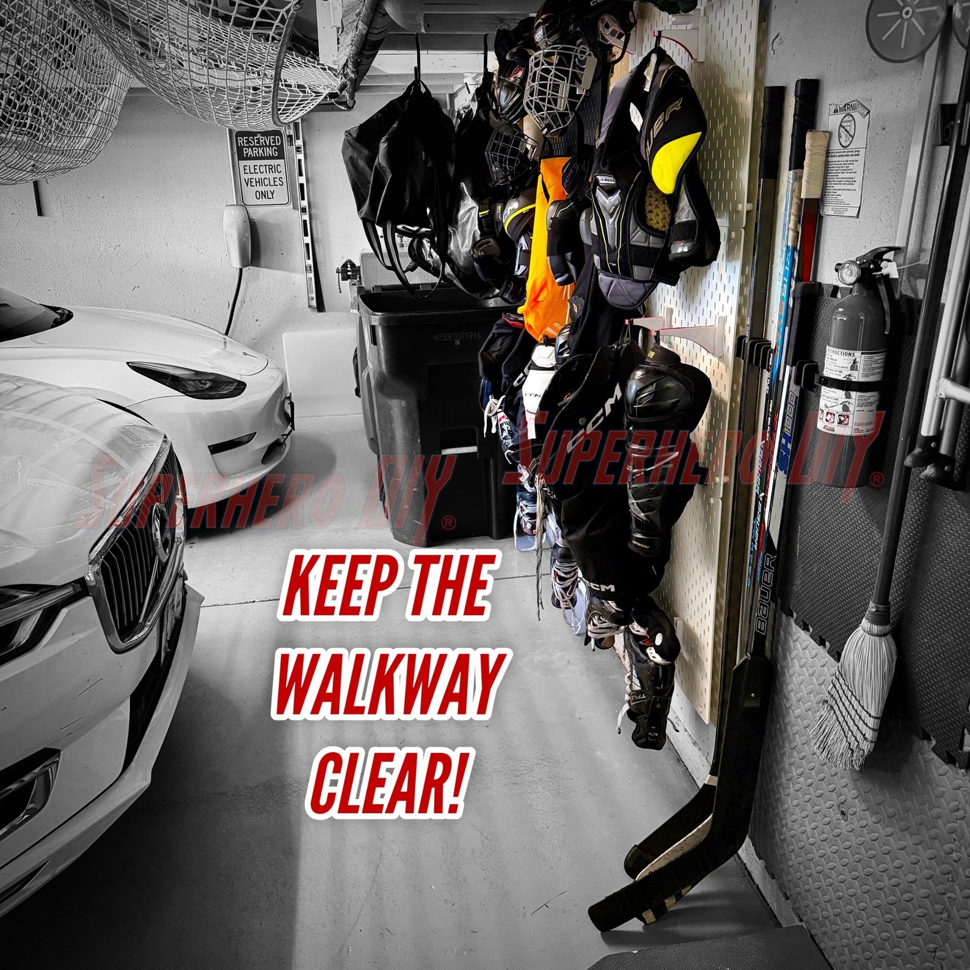 Wall-mounted hockey gear organizer displaying equipment, promoting organized storage to keep the walkway clear.