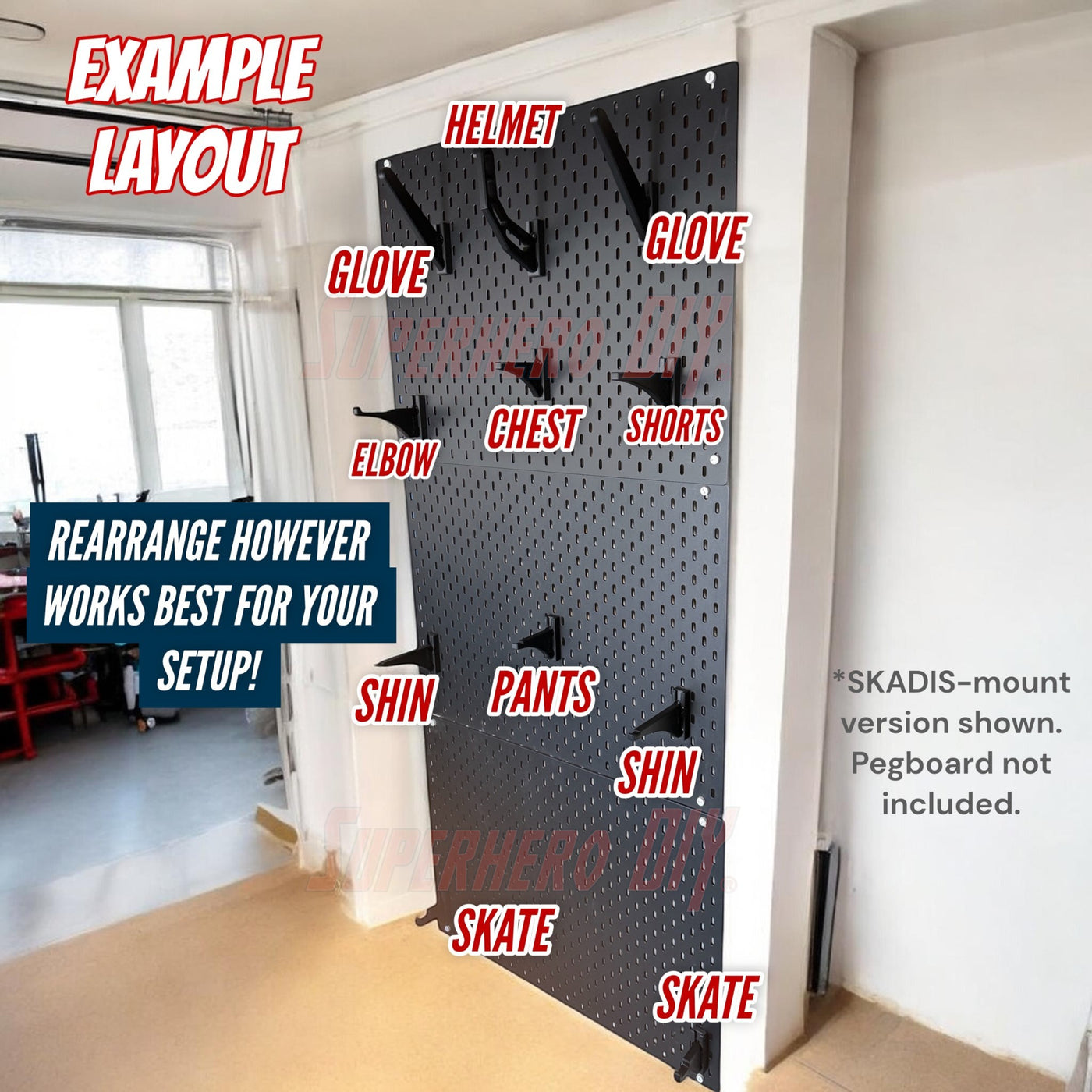Image of a wall-mounted hockey gear organizer showing an example layout of equipment like helmets, gloves, and skates.