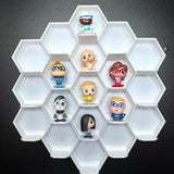 Honeycomb display for 19 Disney Doorables showcasing figures on a wall in a stylish and organized design.