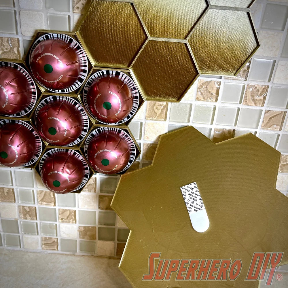 Check out the Honeycomb Holder for Vertuo Coffee Pods | Includes Command Strip | Each holds 7 Vertuo capsules | Wall mount holder for Vertuoline from Superhero DIY! The perfect solution for only $9.99