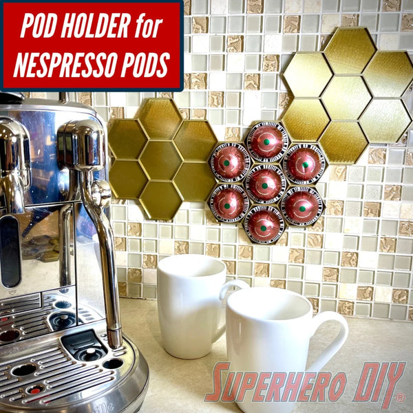 Vertuo coffee pod organizer wall mount holding Nespresso pods, modular hex design, stylish kitchen storage solution.