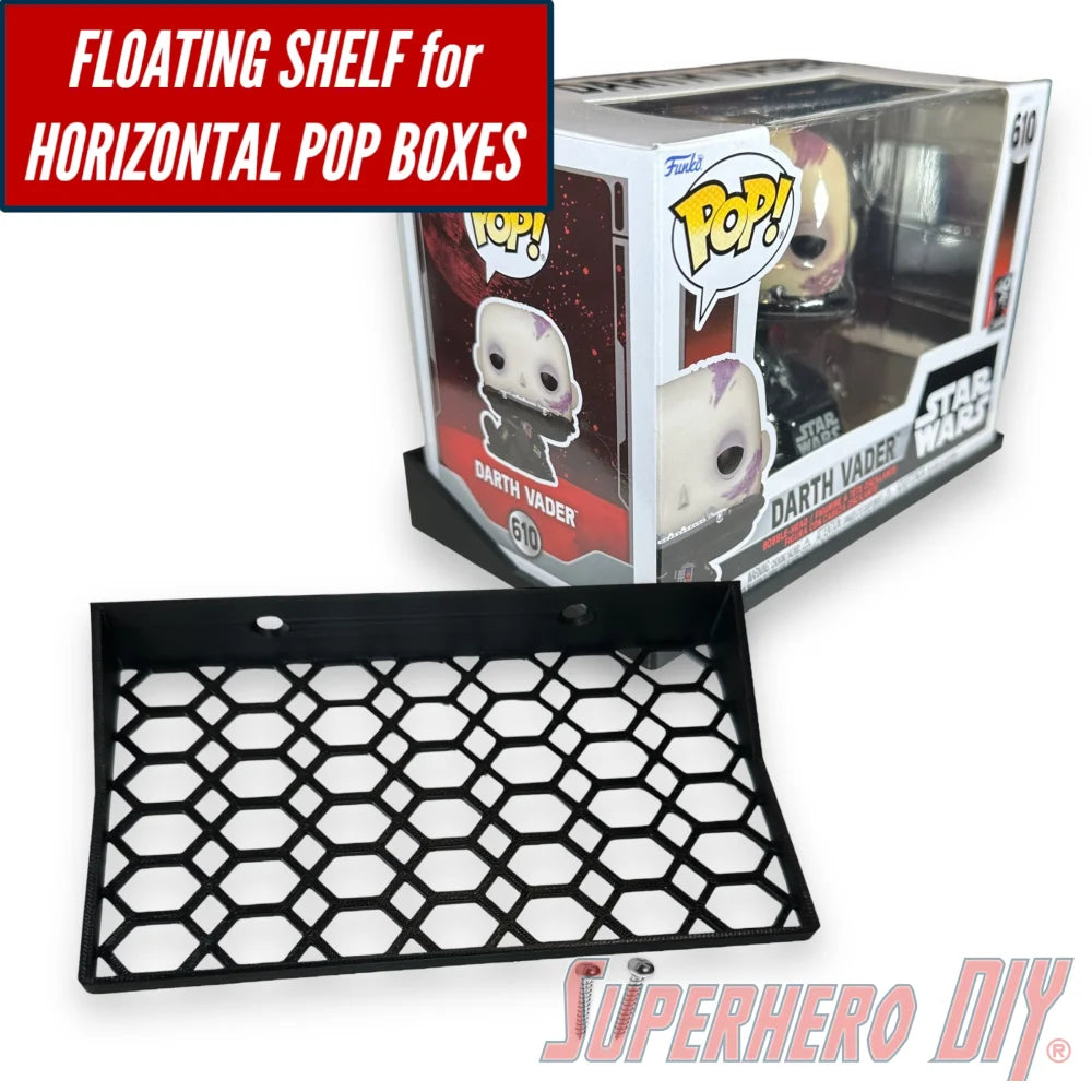 Horizontal Floating Shelf for Funko Pop Boxes | For Sideways Boxes | Includes mounting screws - Superhero DIY