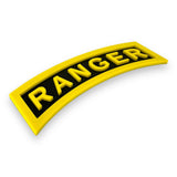 3D Army Ranger tab replica showcasing the yellow-on-black design, perfect for display or military collection.
