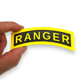 3D Army Ranger tab replica in hand, showcasing yellow-on-black design, perfect for display or collection.