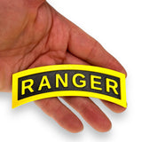 3D Army Ranger tab replica displayed in hand, showcasing the yellow-on-black design for military collections.