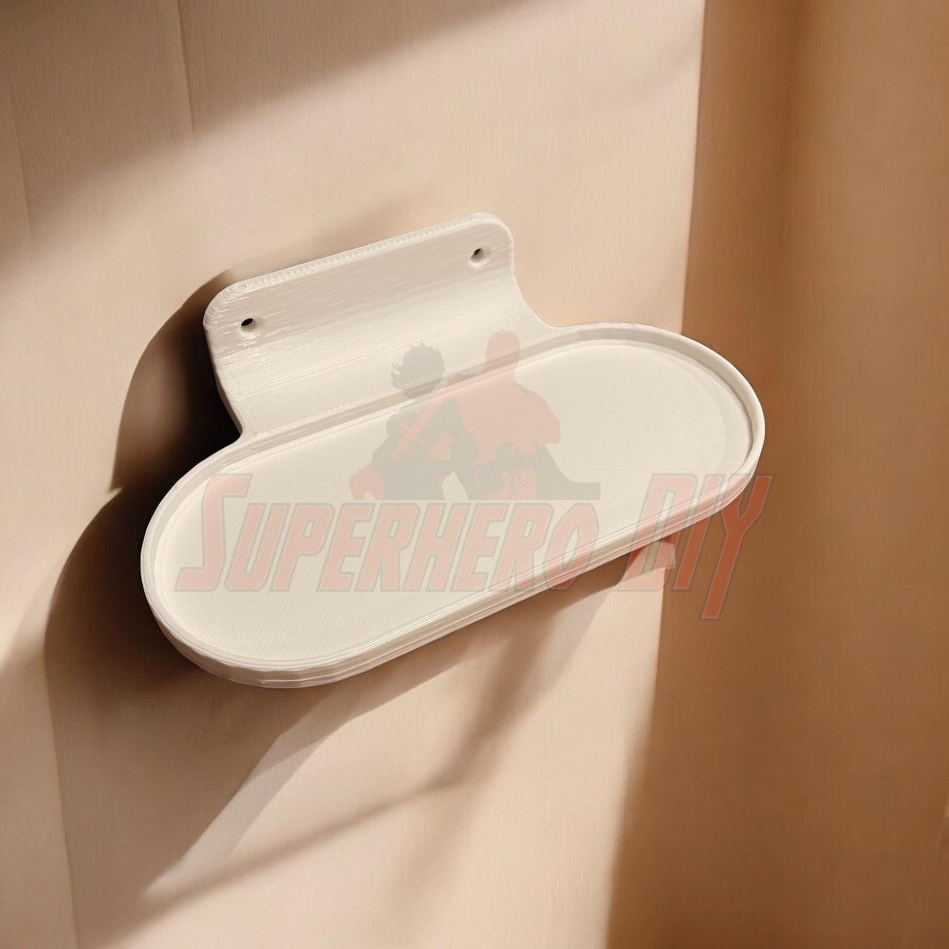 Google Nest Hub wall mount 3D-printed shelf for organizing home technology with included screws, ideal for counter space saving.