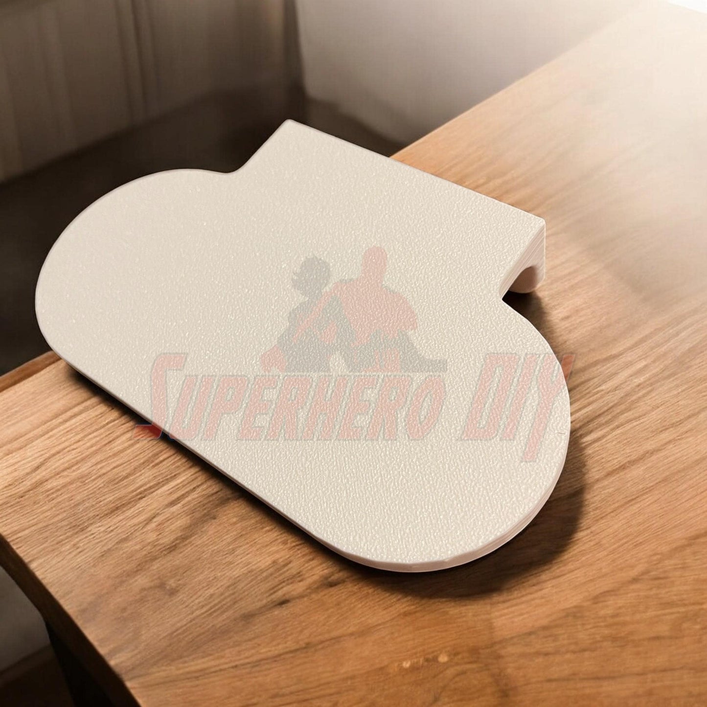 Google Nest Hub wall mount on wooden table, 3D-printed with screws included, ideal for home organization and speaker elevation.