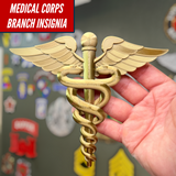 Army medical corps caduceus wall display held in hand, detailed gold insignia against a blurred background.