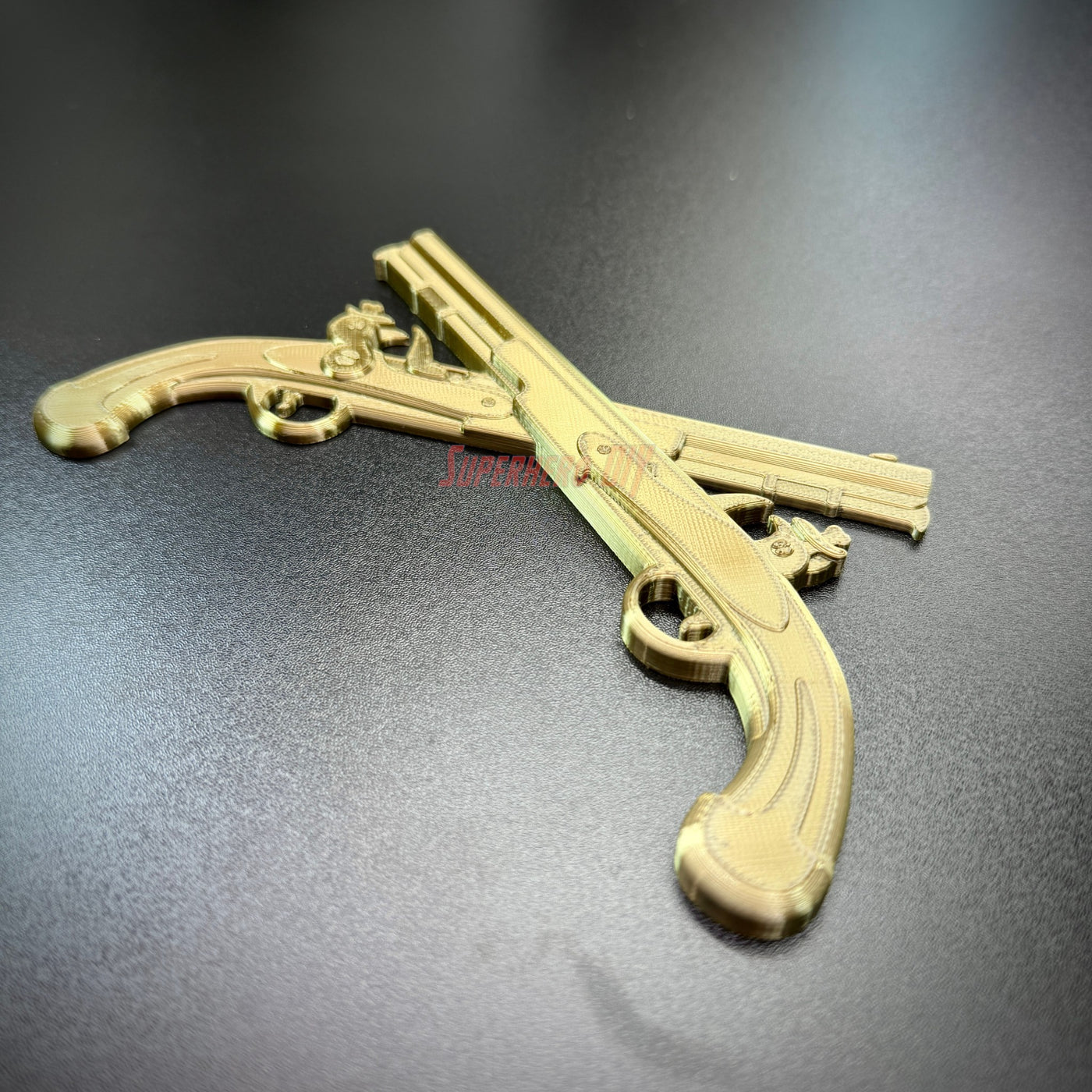 gold army military police insignia crossed pistols display on a black surface, highlighting detailed craftsmanship.