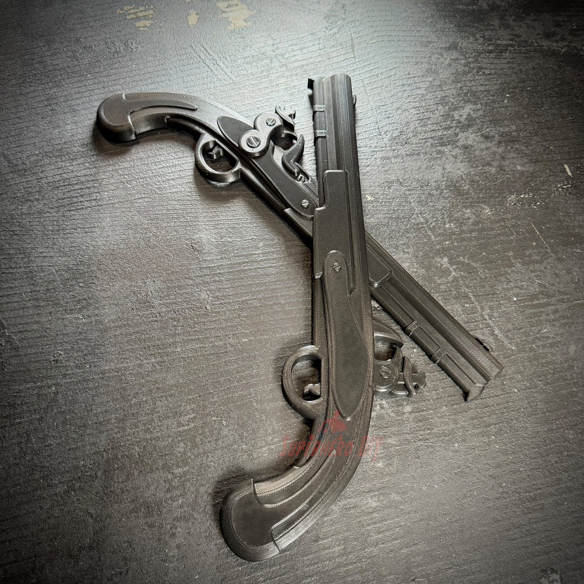 Black crossed pistols representing army military police insignia, showcasing detailed flintlock design.