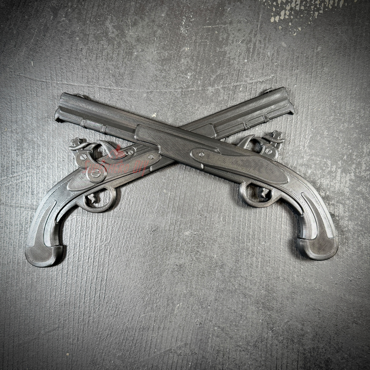 Army military police insignia featuring two crossed Harper's Ferry pistols in black on a textured background.