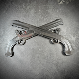 Army military police insignia featuring two crossed Harper's Ferry pistols in black on a textured background.