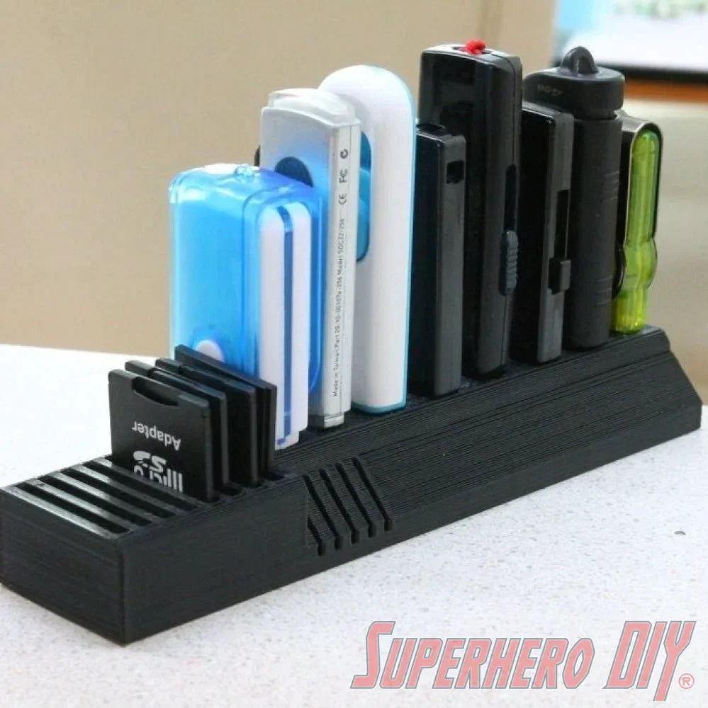 Multi-type SD Card Holder | Memory card tray holds up to 9 SD cards, USB Flash Drives, MiniSD cards | Desk organizer | Camera accessories - SuperheroDIY