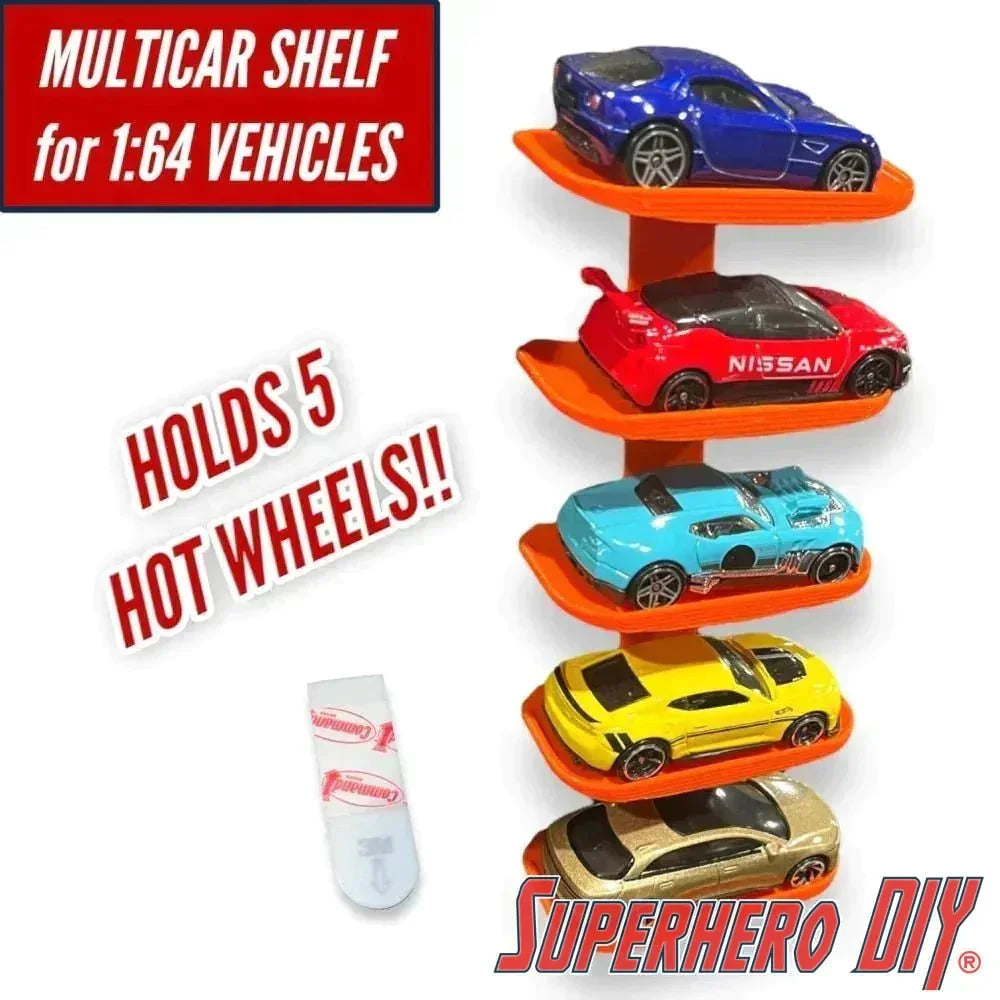 Multicar 5-CAR Shelf for Hot Wheels or 1:64 Vehicles | Space-saving wall mount for Matchbox or Hot Wheels Display | Command strip included - Superhero DIY