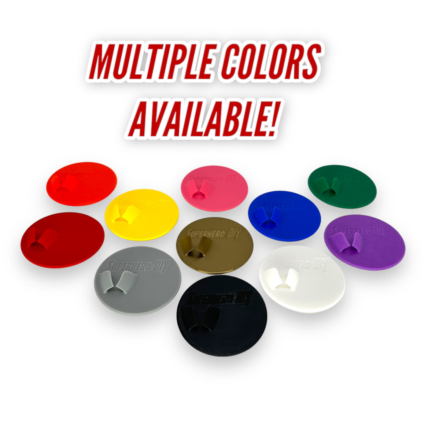 Nine oval adhesive patch or cover pieces in multiple colors are arranged on a white background beneath the text 'MULTIPLE COLORS AVAILABLE!'. The colors include red, pink, green, blue, purple, gold, gray, black, and white.