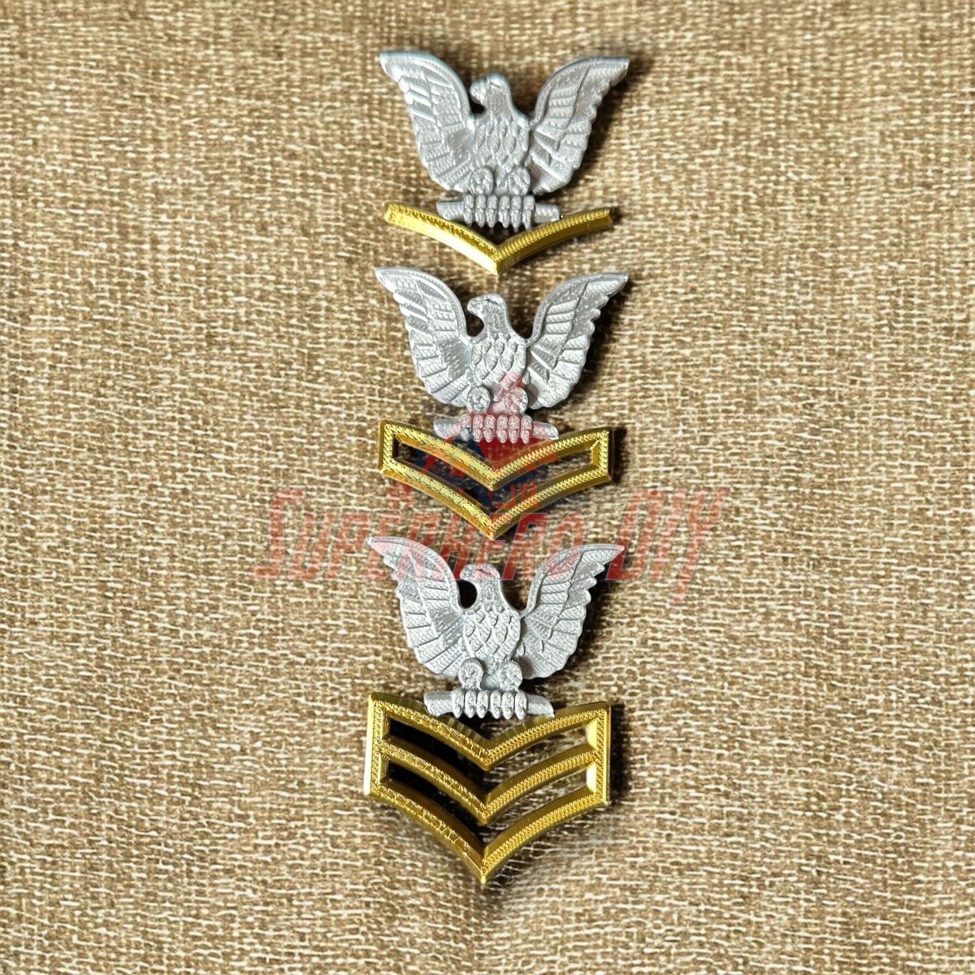 Navy Enlisted Rate Insignia | Multiple Sizes Display Insignia Silver and Gold featuring three eagle designs.