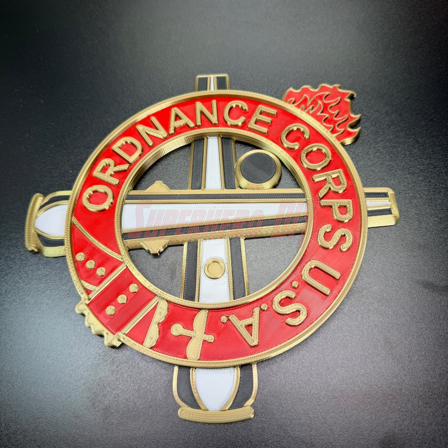Ordnance Regimental Crest featuring red and gold colors, symbolizing the Ordnance Corps, for wall display.