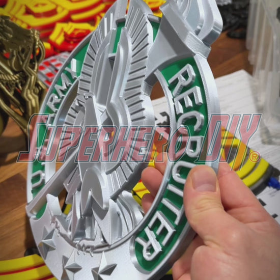 army recruiter badge shown in shiny silver and green, measuring 12" across great for wall display