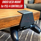 Under-desk PS5 controller mount holding a PS5 controller under a wooden table, keeping it organized and accessible.