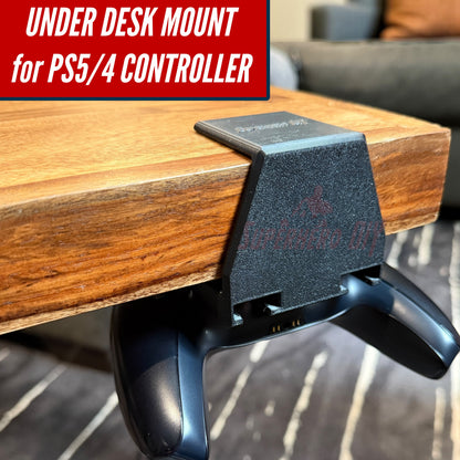 Under-desk PS5 controller mount holding a PS5 controller under a wooden table, keeping it organized and accessible.