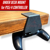 Under-desk PS5 controller mount securely holding a PS5 controller beneath a wooden desk.
