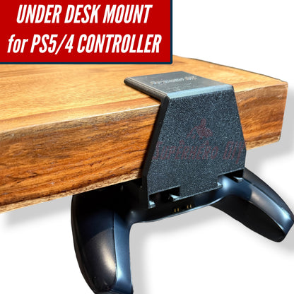Under-desk PS5 controller mount securely holding a PS5 controller beneath a wooden desk.