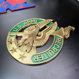Detailed image of an Army Recruiter Badge insignia with green and gold colors, featuring stars and army emblem.