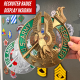 Army recruiter badge display insignia featuring basic and gold badges in various colors.
