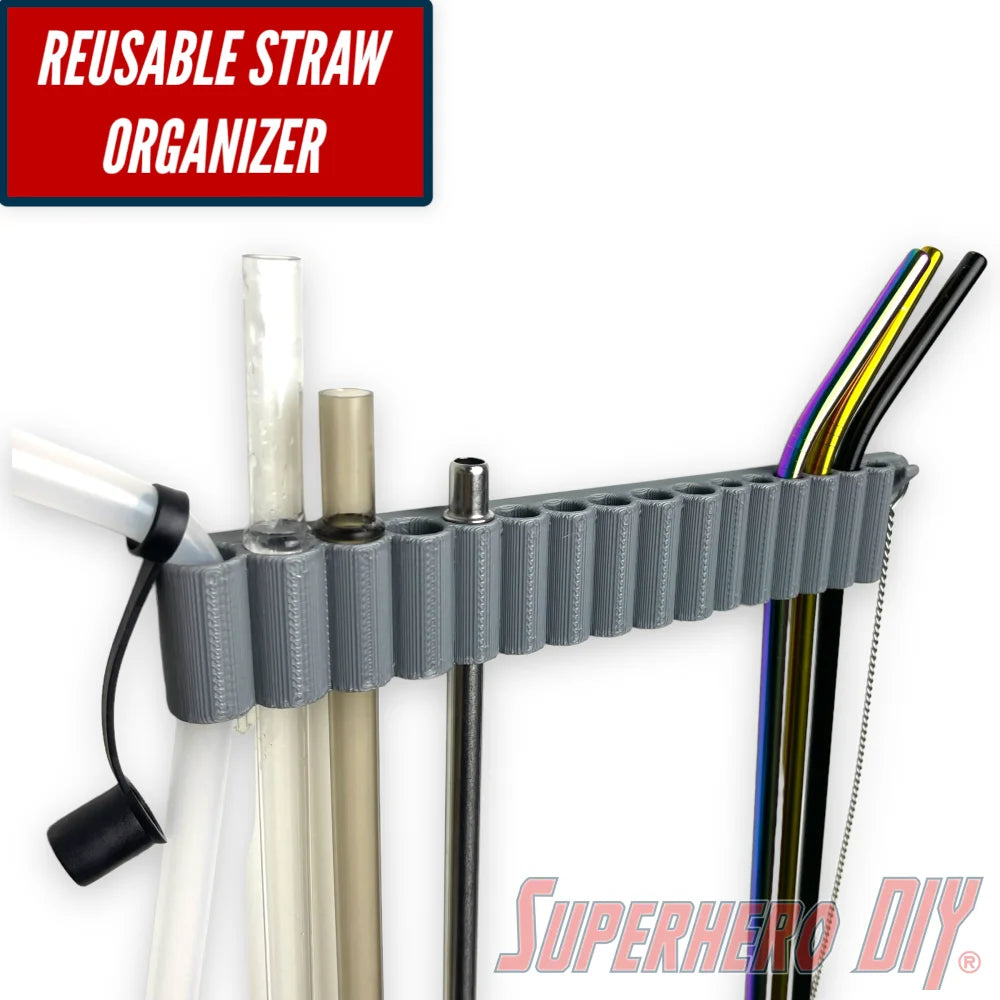 Check out the Reusable Straw Organizer | 3D-printed Straw Holder with command strips for easy mounting | Great for water bottle straws or metal straws from Superhero DIY! The perfect solution for only $9.44