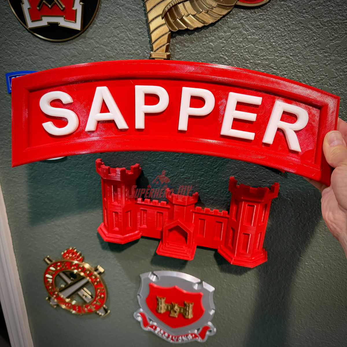 Sapper Tab display piece with white SAPPER lettering, offered in six widths from 4 to 15 inches