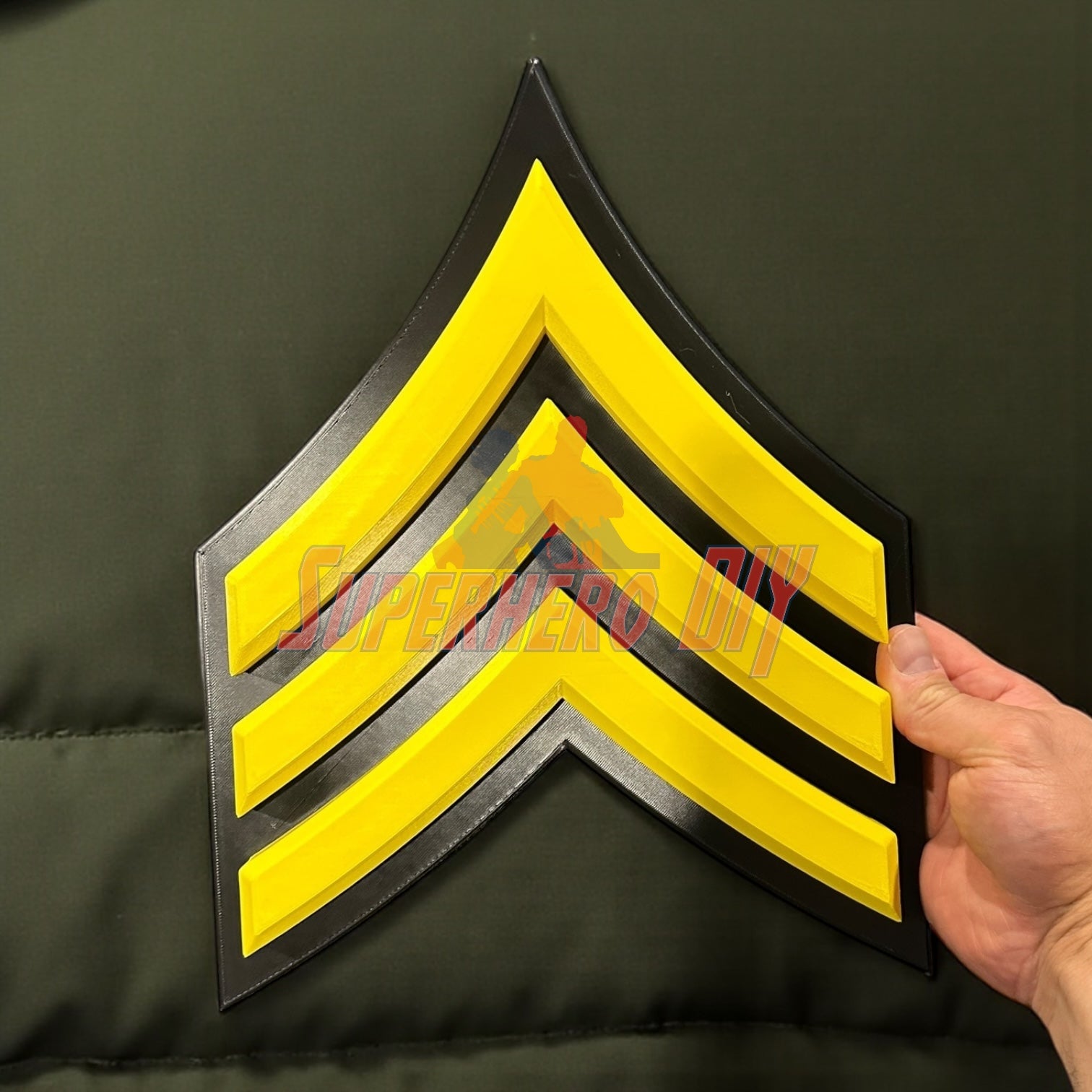 US Army Enlisted Rank | Multiple sizes available: 3D-printed Sergeant rank insignia in yellow and black.