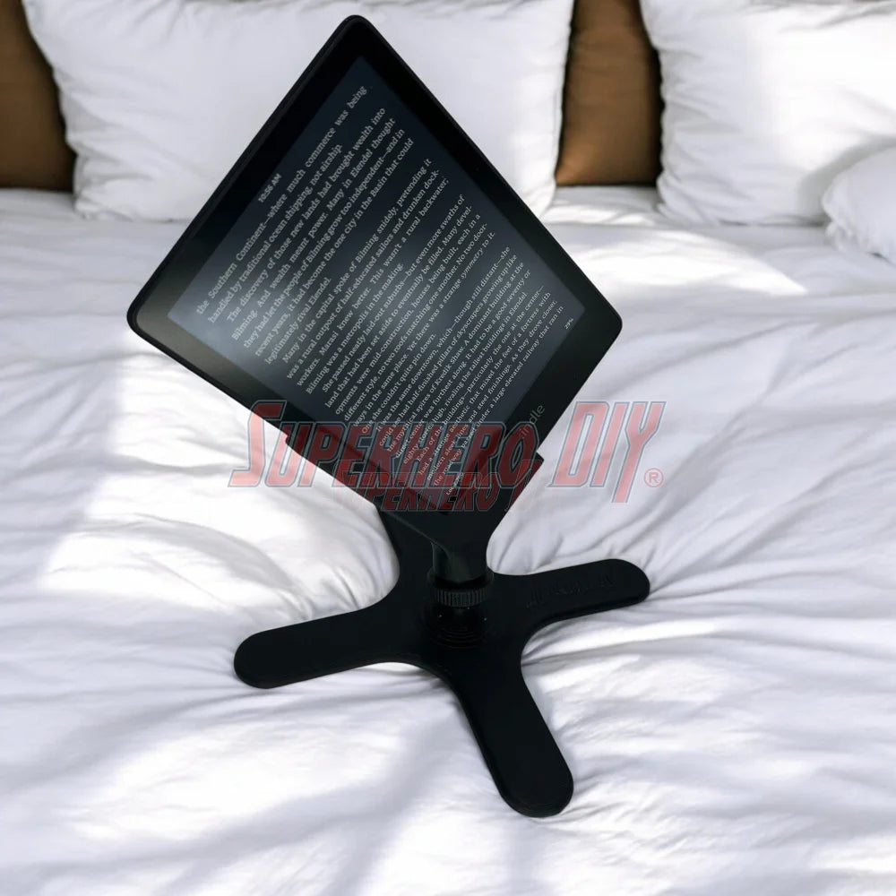 3D-printed side-reading stand for Kindle Paperwhite, made for hands-free reading in bed while lying on your side