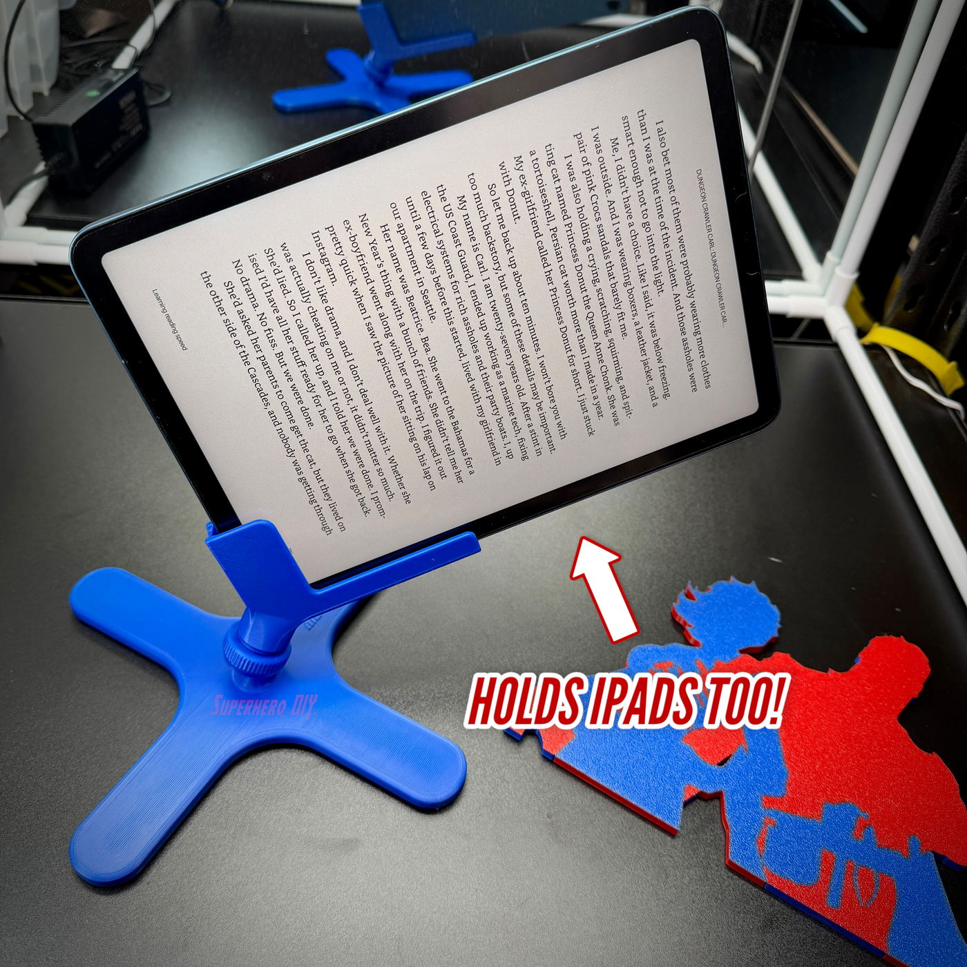 Hands-free Kindle bed holder supporting an iPad, perfect for reading in bed and on the couch.