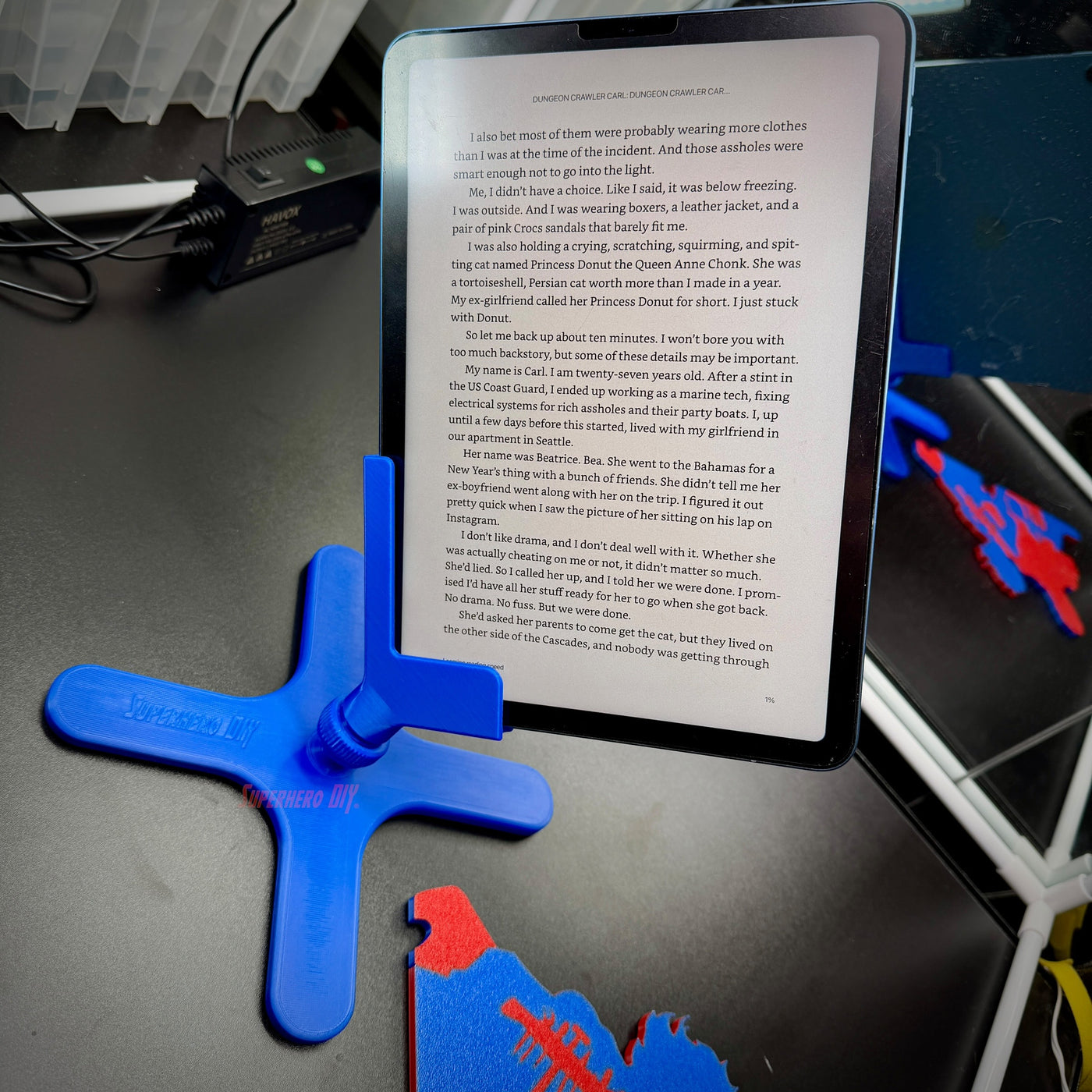 Hands-free Kindle bed holder displaying an iPad air for easy reading while laying on your sidefortable reading.