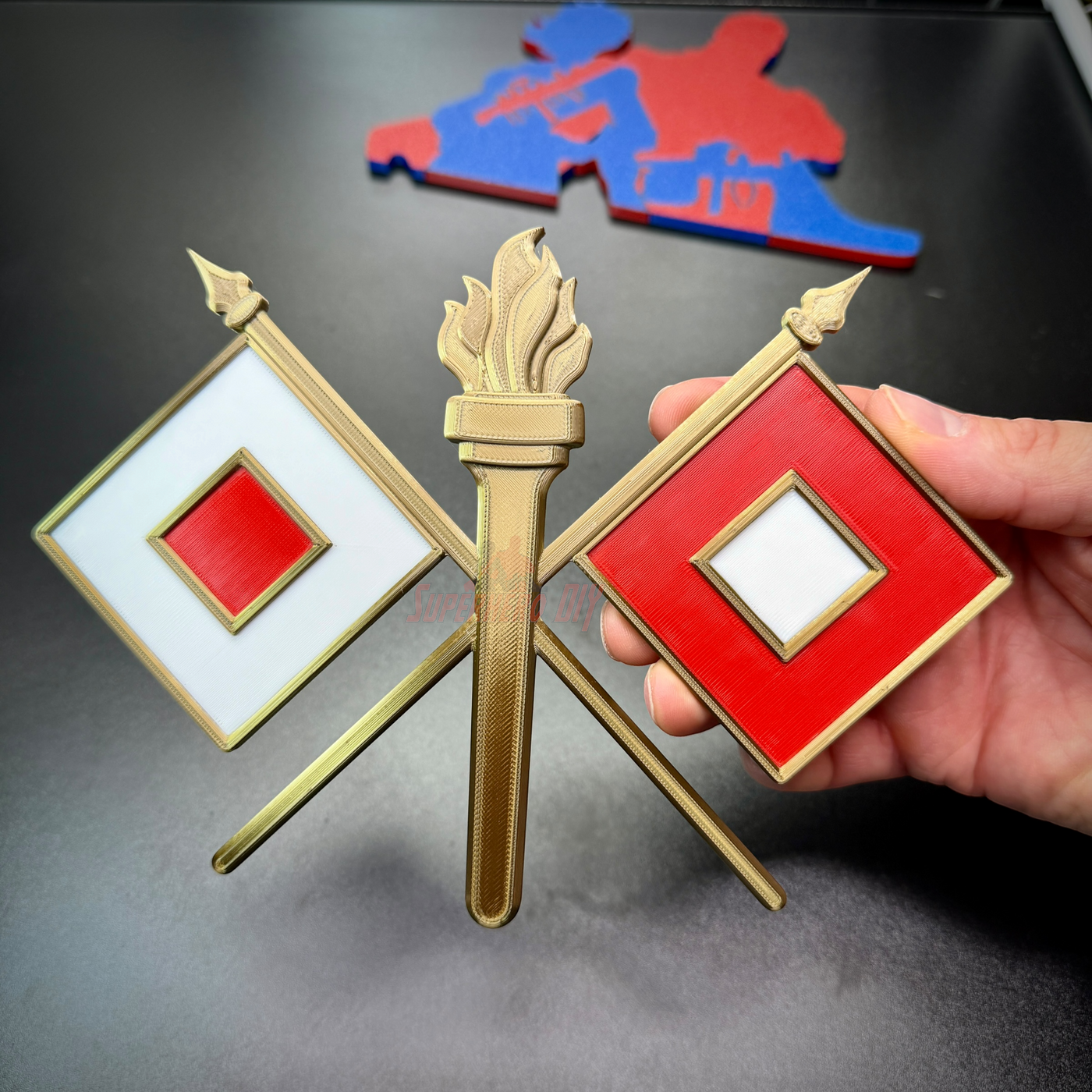 Signal Corps insignia featuring crossed signal flags and a flaming torch, ideal for wall display.