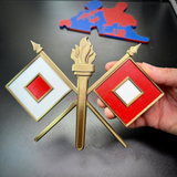 Signal Corps insignia featuring crossed signal flags and a flaming torch, ideal for wall display.