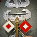 Army Signal Corps insignia featuring crossed flags and flaming torch, ideal for wall display.