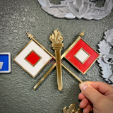 Signal Corps insignia featuring crossed flags and torch, perfect for wall display or shadow box.