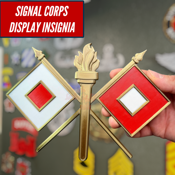 Signal Corps insignia featuring crossed signal flags and flaming torch, ideal for shadow box or wall display.