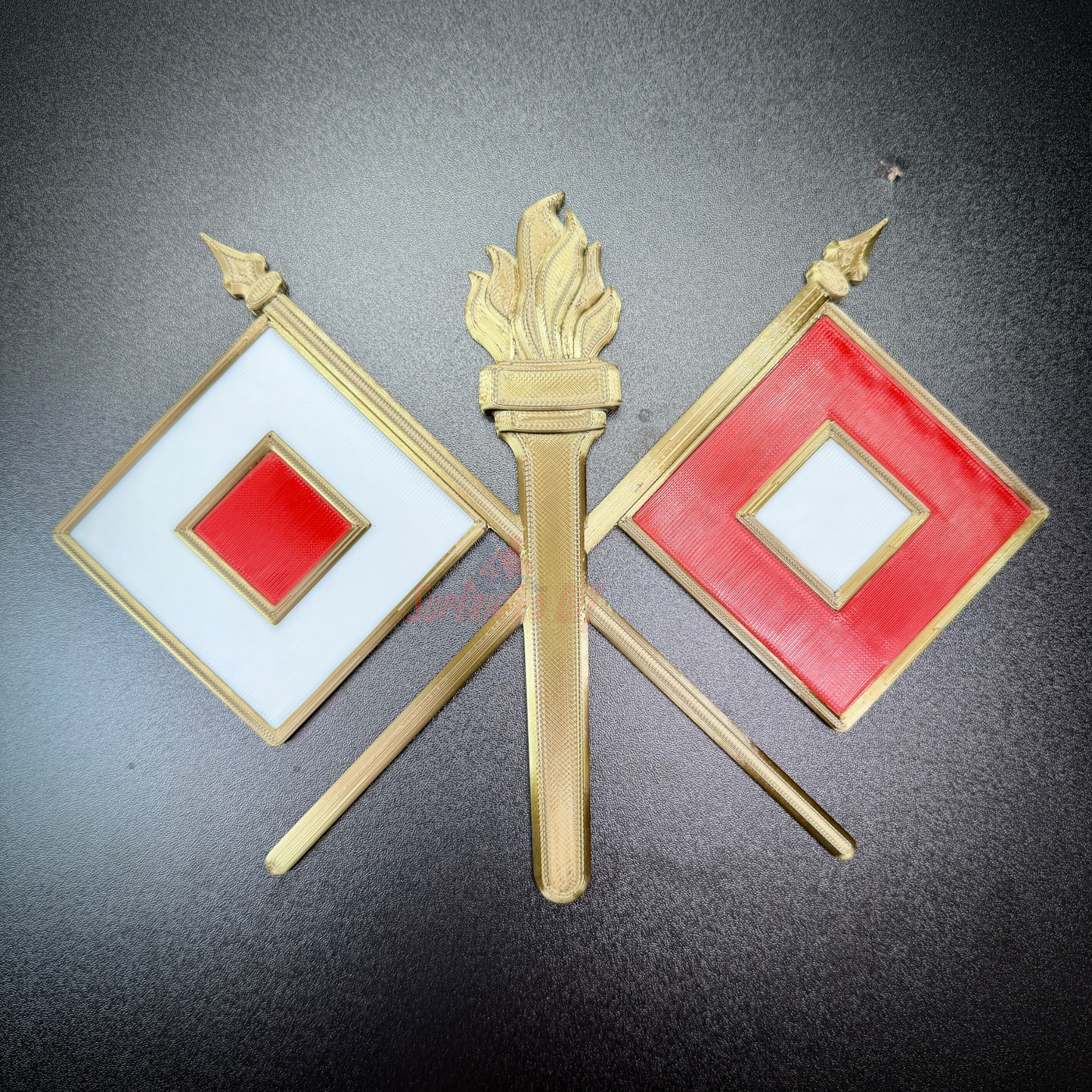 Army Signal Corps insignia featuring crossed signal flags and flaming torch for wall display.