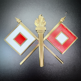 Army Signal Corps insignia featuring crossed signal flags and flaming torch for wall display.