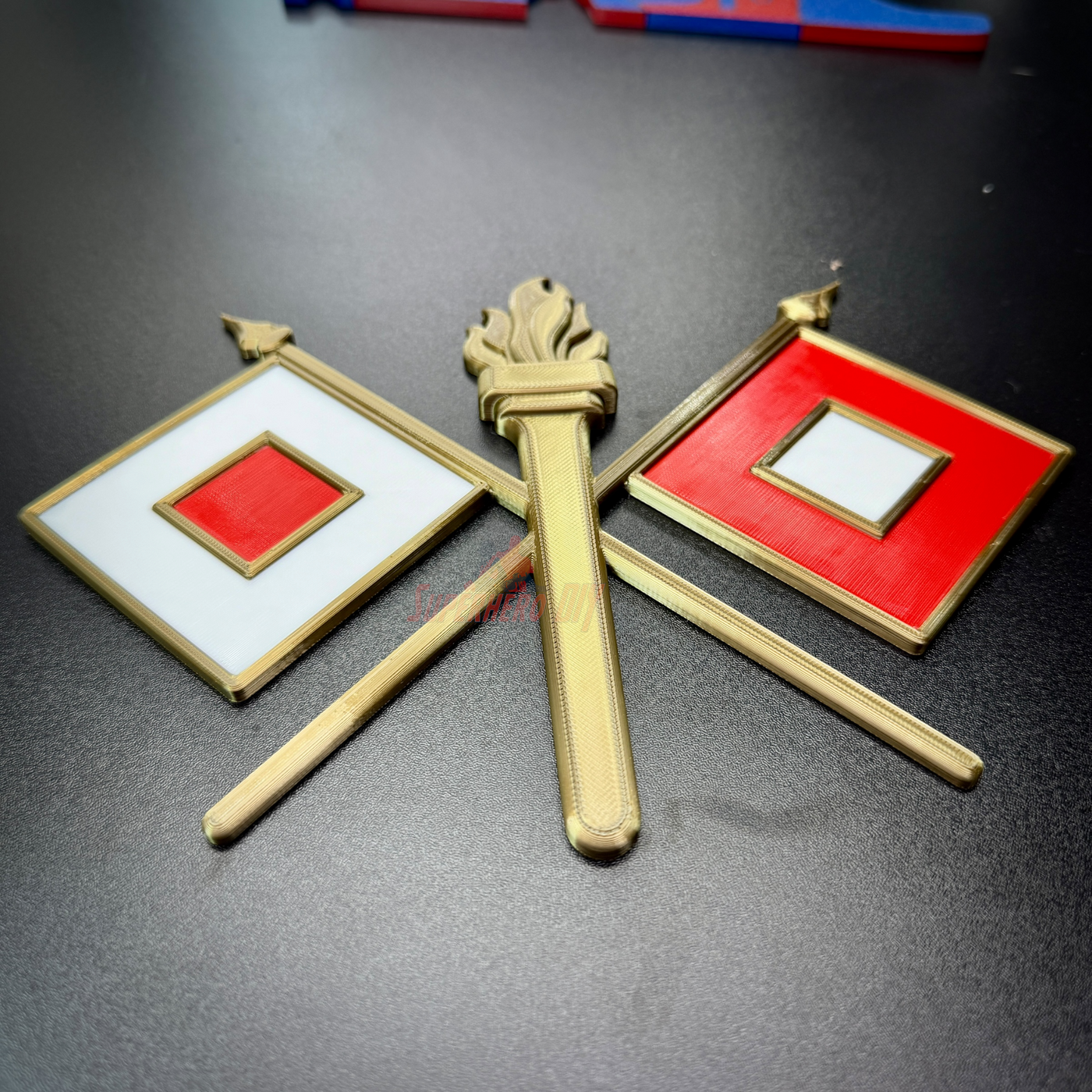 Army Signal Corps insignia with crossed signal flags and flaming torch, ideal for display projects.