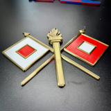 Army Signal Corps insignia with crossed signal flags and flaming torch, ideal for display projects.